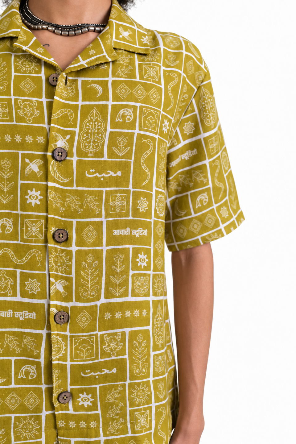 Duniya Golden Olive printed 100% hemp shirt with sun, tree, flower and tiger motifs