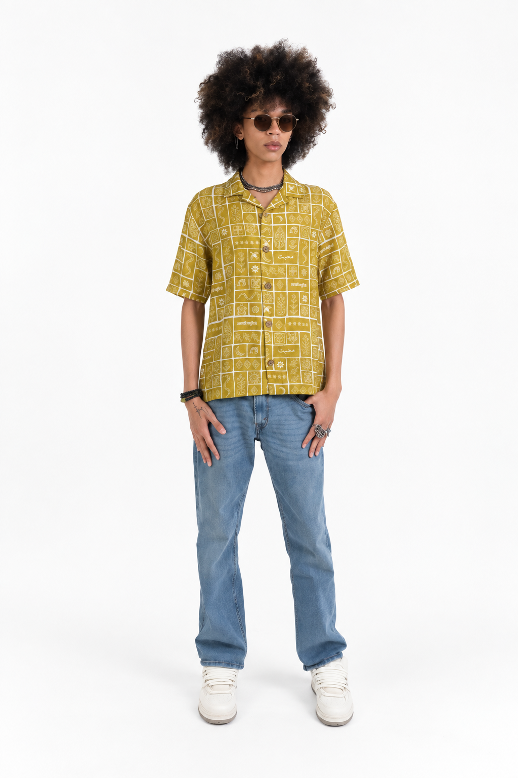 Duniya Golden Olive printed 100% hemp shirt with sun, tree, flower and tiger motifs