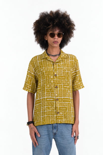 Duniya Golden Olive printed 100% hemp shirt with sun, tree, flower and tiger motifs