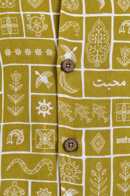 Duniya Golden Olive printed 100% hemp shirt with sun, tree, flower and tiger motifs