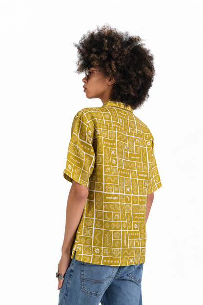 Duniya Golden Olive printed 100% hemp shirt with sun, tree, flower and tiger motifs