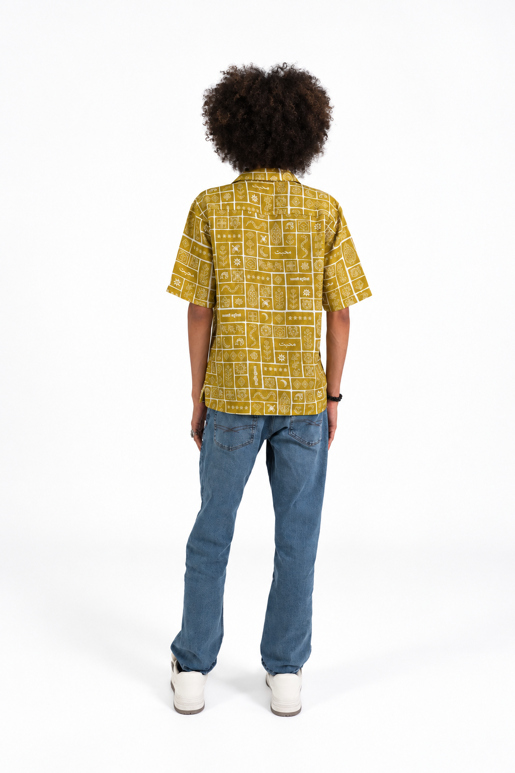 Duniya Golden Olive printed 100% hemp shirt with sun, tree, flower and tiger motifs