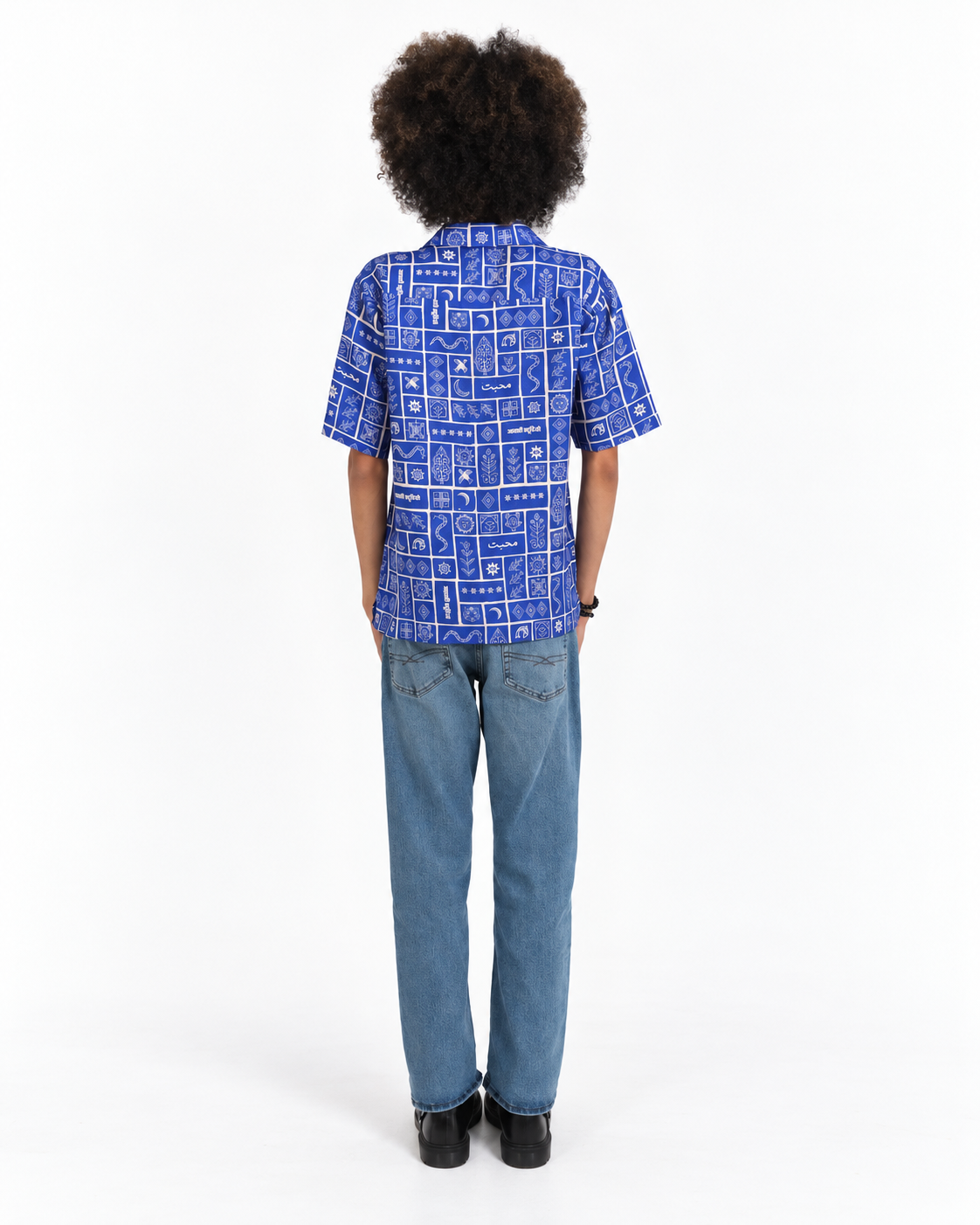 Duniya Sacred Lapis blue 100% hemp shirt with fish, turtle, bird, snake, stars and moon motifs