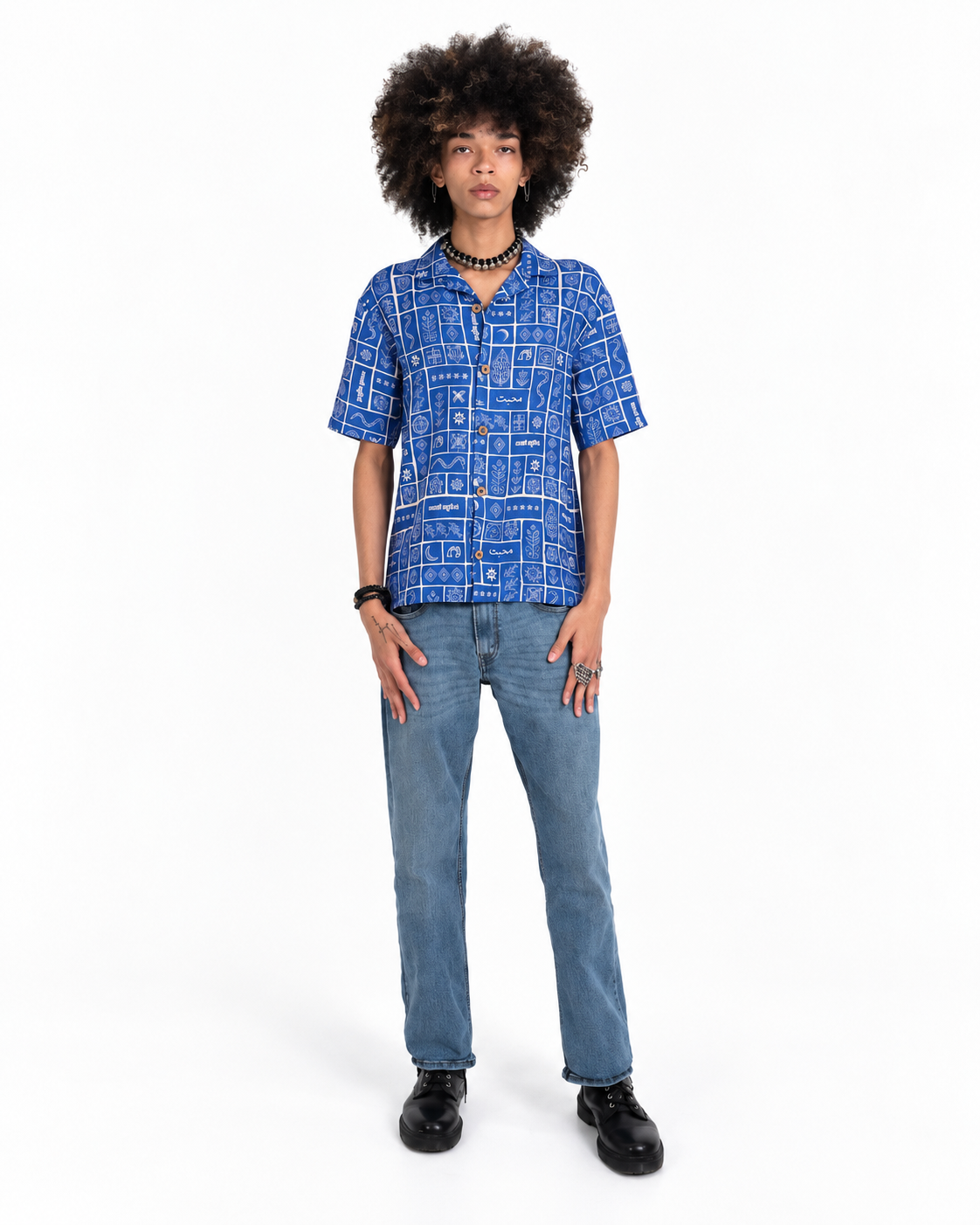 Duniya Sacred Lapis blue 100% hemp shirt with fish, turtle, bird, snake, stars and moon motifs