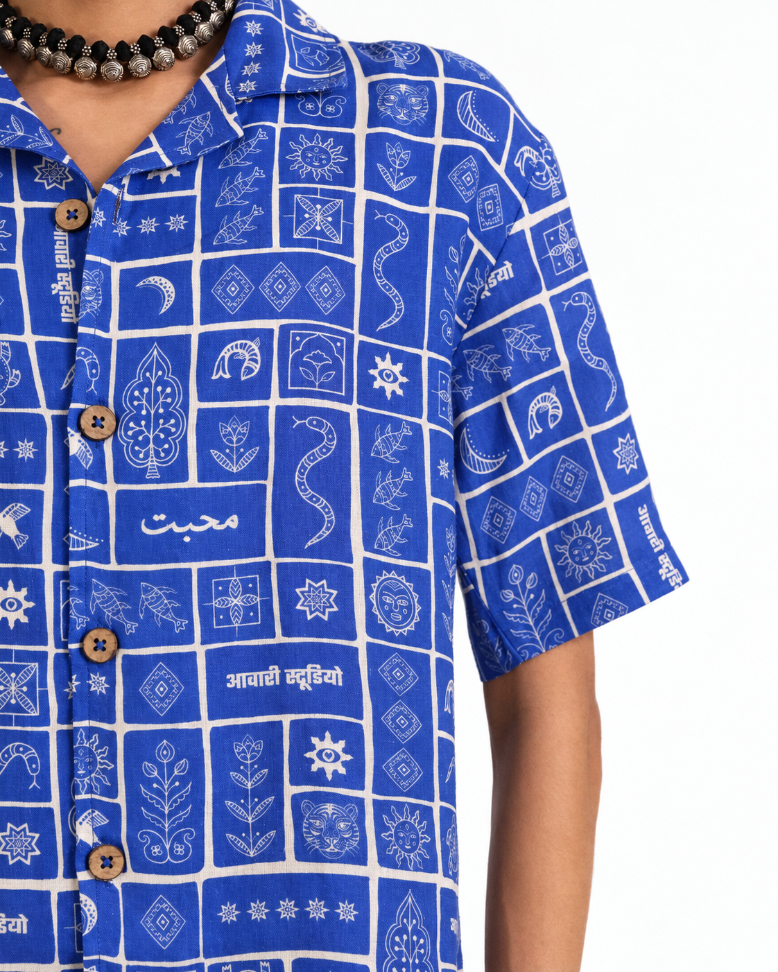Duniya Sacred Lapis blue 100% hemp shirt with fish, turtle, bird, snake, stars and moon motifs