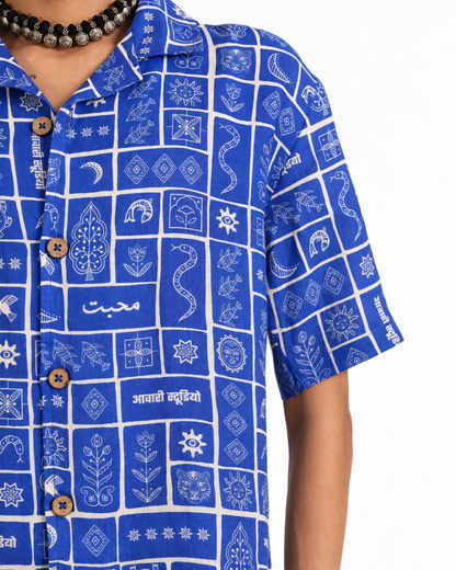 Duniya Sacred Lapis blue 100% hemp shirt with fish, turtle, bird, snake, stars and moon motifs