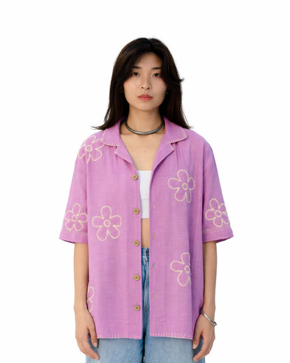 Phool Lavender 100% hemp shirt with hand-embroidered flower patches